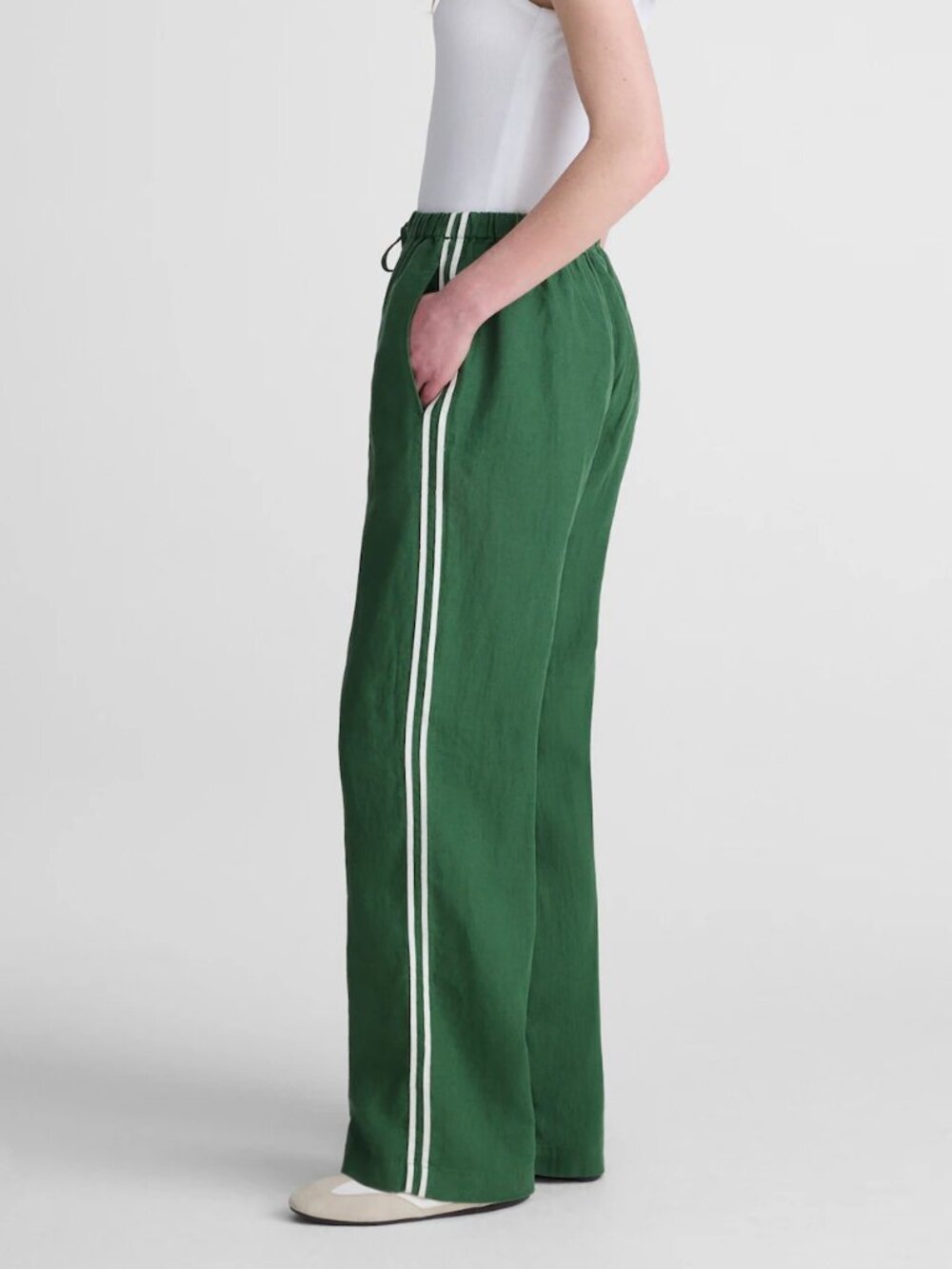 Madewell Pull On Elastic Waist Pants 100% Linen Green White Stripes Size XXS NWT
